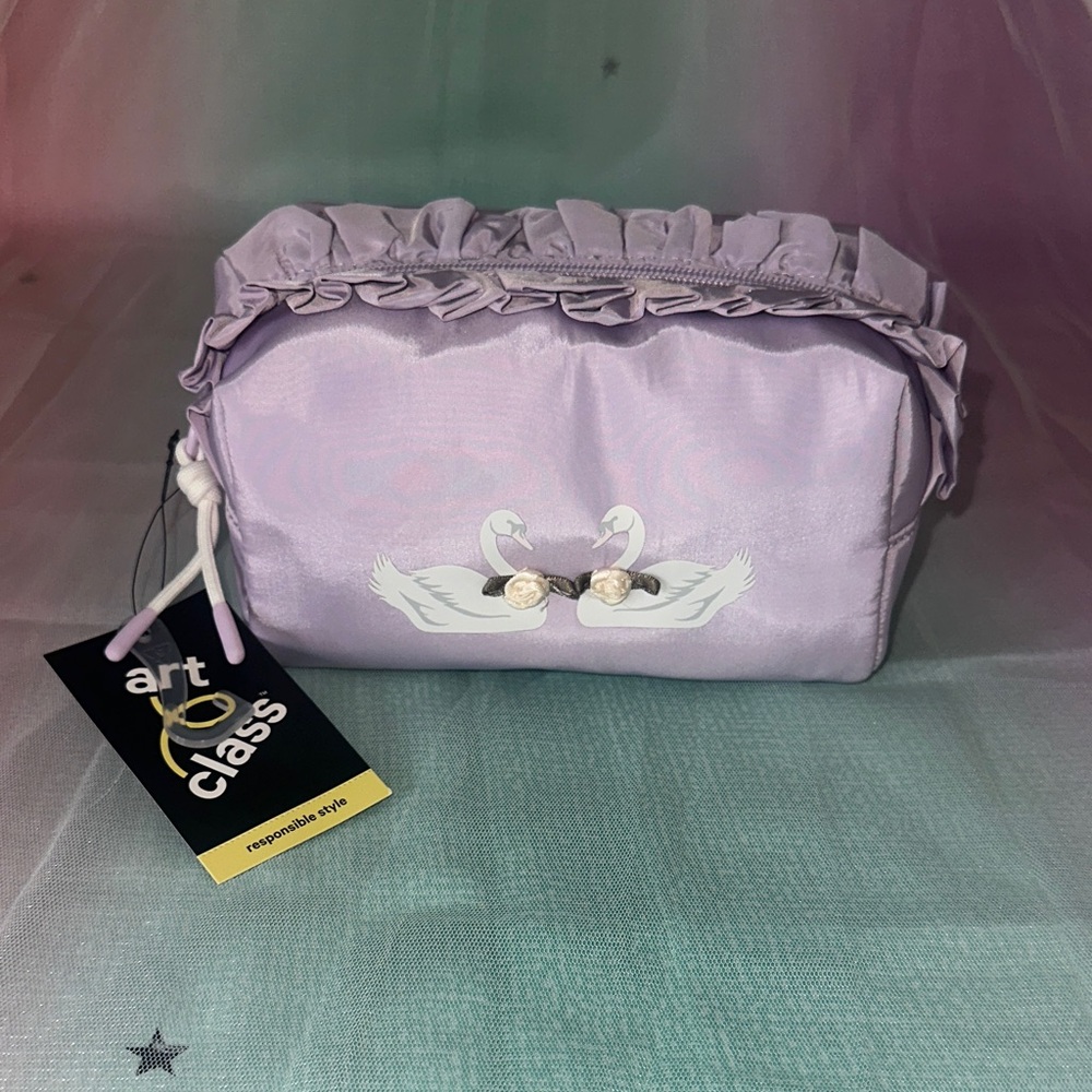 art class Lavender Ruffle Cosmetic Bag with Swan Motif